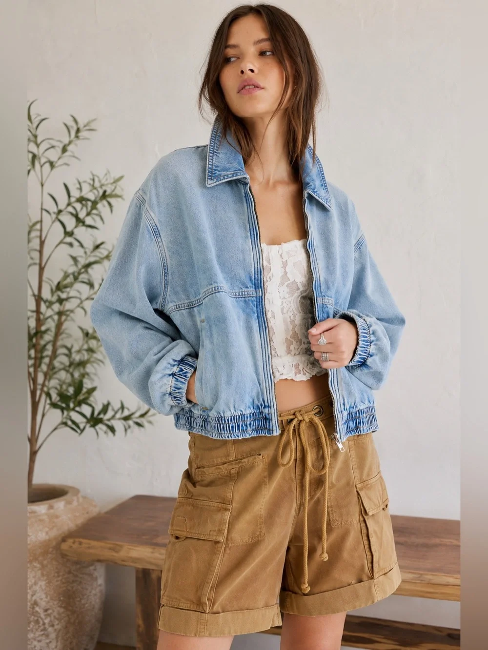 Free People We The Free Birdie Denim Bomber Jacket Light Wash Medium